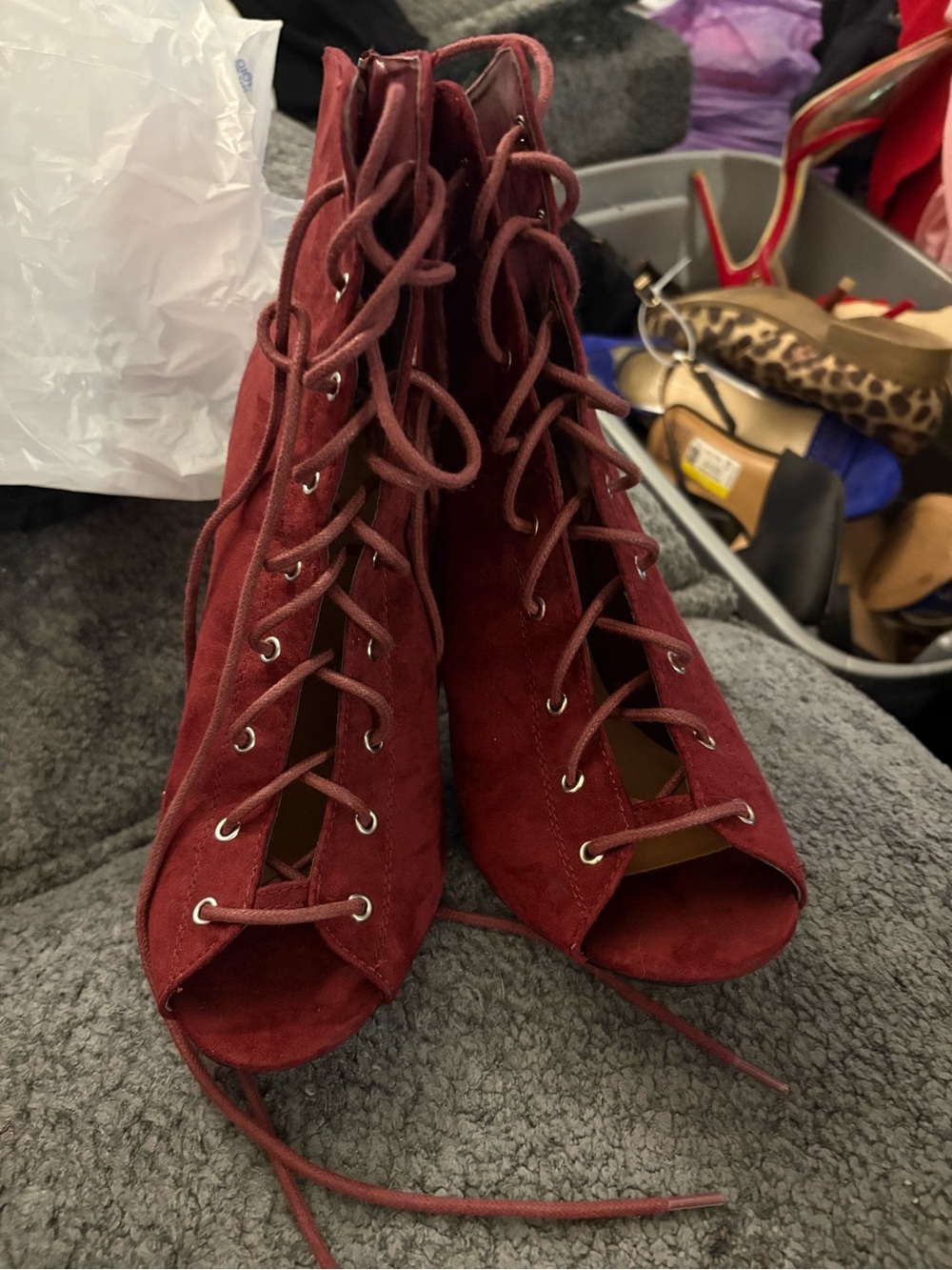 BCBGeneration Lace-Up Peep-Toe Heeled Booties in Wine
